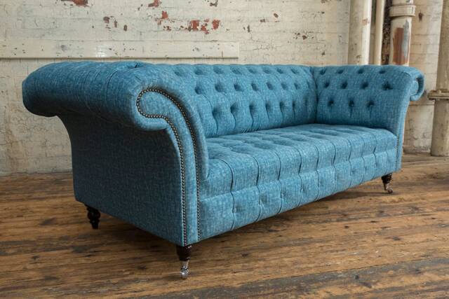British Handmade Blue Distressed Velvet 3 Seater Chesterfield Sofa - image 1