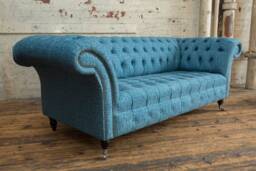 British Handmade Blue Distressed Velvet 3 Seater Chesterfield Sofa - thumbnail 1