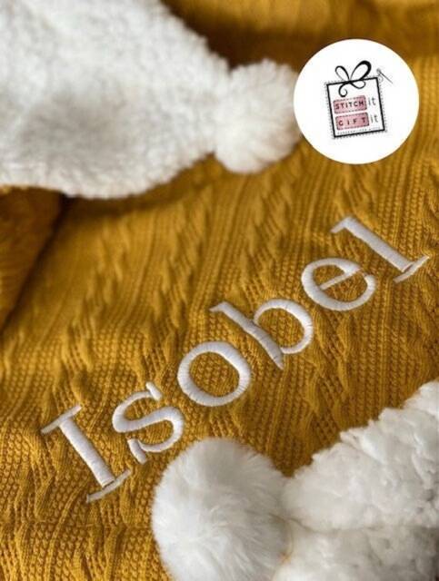 Personalised Baby Cable Knit Blanket -Name Embroidered Pom Pom/Sherpa Reverse Mustard Yellow & More - image 1