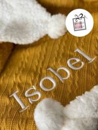Personalised Baby Cable Knit Blanket -Name Embroidered Pom Pom/Sherpa Reverse Mustard Yellow & More - thumbnail 1