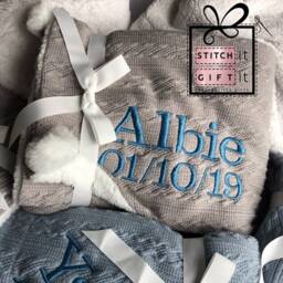 Personalised Baby Cable Knit Blanket -Name Embroidered Pom Pom/Sherpa Reverse Mustard Yellow & More - thumbnail 2