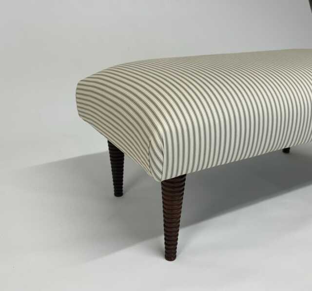 Large Upholstered Footstool in Green Ticking Fabric Coffee Table Stripe Large Footstool. Ottoman Turned Legs - image 1