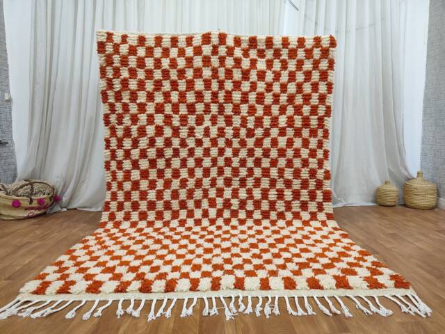 Moroccan Wool Rug - Handmade Orange & White Checkered Berber Carpet - image 1