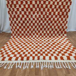 Moroccan Wool Rug - Handmade Orange & White Checkered Berber Carpet - thumbnail 3