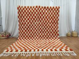 Moroccan Wool Rug - Handmade Orange & White Checkered Berber Carpet - thumbnail 1