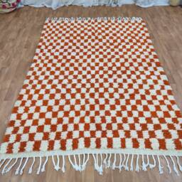 Moroccan Wool Rug - Handmade Orange & White Checkered Berber Carpet - thumbnail 4