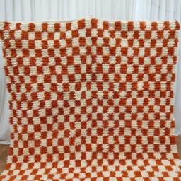Moroccan Wool Rug - Handmade Orange & White Checkered Berber Carpet - thumbnail 2