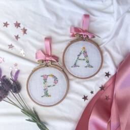 Pink Flower Christmas Tree Decoration - Personalized Heirloom Ornament in Girly Colors Embroidered Linen Fabric Hoop With Ribbon Hanger - thumbnail 2