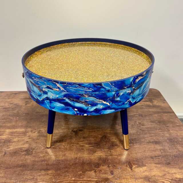 Round Coffee Table , Blue Marble Design, Blue, Navy & Gold . Navy Blue Table, Lift Off Top For Storage. End Lounge, Glitter - image 1