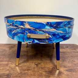 Round Coffee Table , Blue Marble Design, Blue, Navy & Gold . Navy Blue Table, Lift Off Top For Storage. End Lounge, Glitter - thumbnail 3