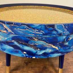 Round Coffee Table , Blue Marble Design, Blue, Navy & Gold . Navy Blue Table, Lift Off Top For Storage. End Lounge, Glitter - thumbnail 2