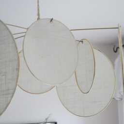 8-Round Linen & Brass Pendant Light - Designer Chandelier Kinetic Mobile Handmade - thumbnail 3