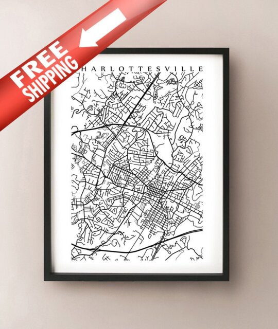 Charlottesville Map Art Print - Virginia Poster Black & White Choose Your Size - image 1