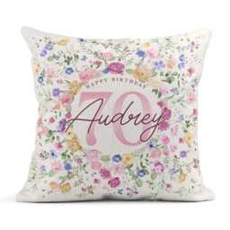Personalised 70Th Birthday Cushion, Linen Floral, Pink, Gift, Mum, Nan, Sister, Friend, Auntie - thumbnail 1