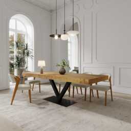 Boston V Base Dining Table Rustic Solid Wood Industrial Straight Edge Steel