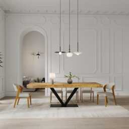 Boston V Base Dining Table Rustic Solid Wood Industrial Straight Edge Steel - thumbnail 2
