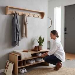 American Oak Entryway Bench - Shoe Rack & Coat Set -Hallway Farmhouse Style -Rustic Contemporary Design Handmade Hardwood Furniture - thumbnail 3