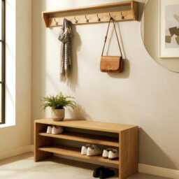 American Oak Entryway Bench - Shoe Rack & Coat Set -Hallway Farmhouse Style -Rustic Contemporary Design Handmade Hardwood Furniture - thumbnail 2