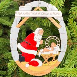 Santa With Baby Jesus Christmas Ornament-Wood, Laser Cut, Hand Painted - thumbnail 2