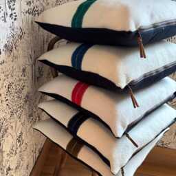 Handcrafted Cream Wool Pillow Turquoise Stripe, Leather Zipper Pull - thumbnail 4
