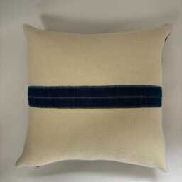 Handcrafted Cream Wool Pillow Turquoise Stripe, Leather Zipper Pull - thumbnail 3