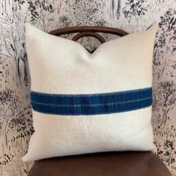 Handcrafted Cream Wool Pillow Turquoise Stripe, Leather Zipper Pull - thumbnail 2