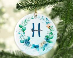 Personalised Christmas Ornament Initial Eucalyptus Greenery Ceramic Keepsake - thumbnail 1