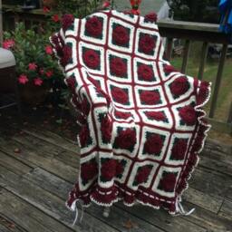 Burgundy Rose Crocheted Afghan - Wine Color Ruffle Throw - thumbnail 2