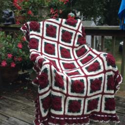 Burgundy Rose Crocheted Afghan - Wine Color Ruffle Throw - thumbnail 3