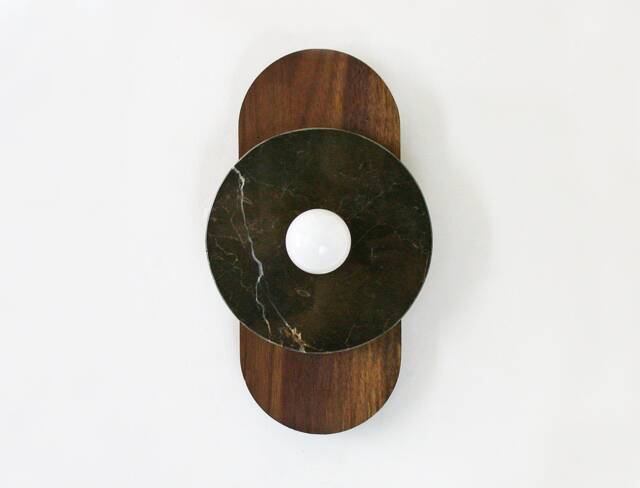 Mid Century Modern Oval Walnut & Brown Marble Sconce Light Fixture Vanity Bathroom Lamp - image 1