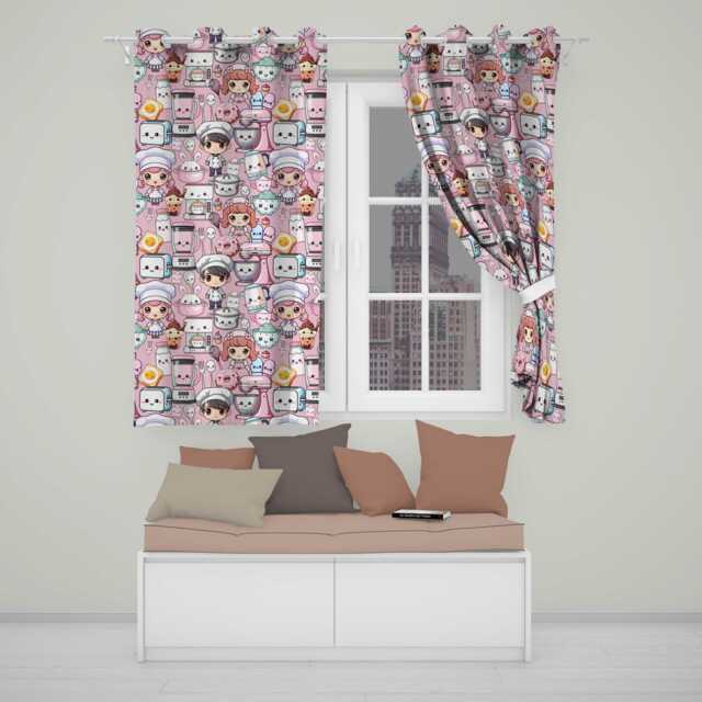 Kawaii Baking Girl Kitchen Appliances Utensils Blush Background Seamless Pattern Readymade Eyelet Ring Top Thermal 100% Blackout Curtains - image 1