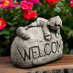 Concrete Welcome Stone Statue With Boy & Snail Garden Ornament Cement Outdoor Decor Stone Yard Sculpture Handmade Friendly Gift Patio Art - thumbnail 3