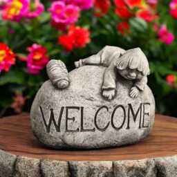 Concrete Welcome Stone Statue With Boy & Snail Garden Ornament Cement Outdoor Decor Stone Yard Sculpture Handmade Friendly Gift Patio Art - thumbnail 1