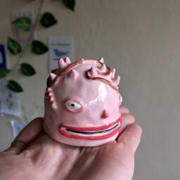 Christmas Fancy Pink Monster Head Figurine, Creature Portrait Sculpture Gift For Art Collector - thumbnail 4