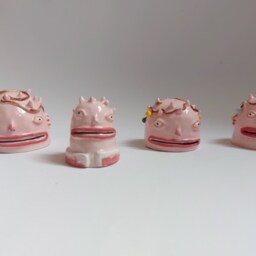 Christmas Fancy Pink Monster Head Figurine, Creature Portrait Sculpture Gift For Art Collector - thumbnail 3
