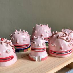 Christmas Fancy Pink Monster Head Figurine, Creature Portrait Sculpture Gift For Art Collector - thumbnail 2