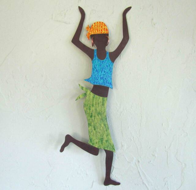 African Dancer Art Metal Wall Sculpture Caribbean Lady Lime Green Turquoise Original Collectable Mom Gift 8 X 17 - image 1