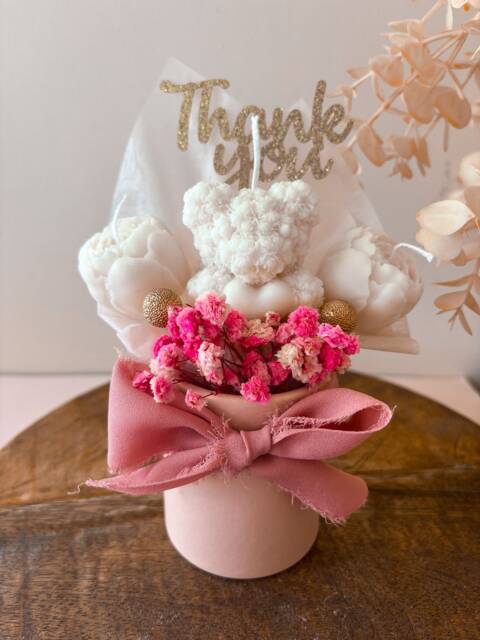 Thank You Candle Bouquet in Pink Box With Rose Bear & Flowers - image 1