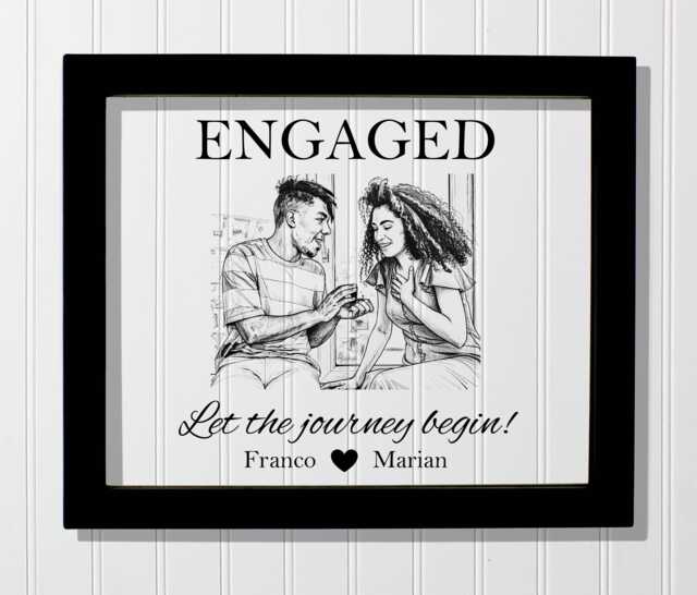 Engaged Floating Sketch Frame - Let The Journey Begin Personalized Custom Names Photo Picture Couple Engagement Line Drawing Artwork - image 1
