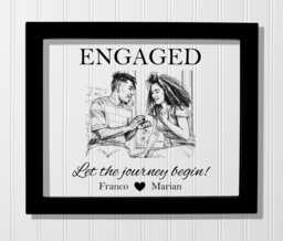 Engaged Floating Sketch Frame - Let The Journey Begin Personalized Custom Names Photo Picture Couple Engagement Line Drawing Artwork
