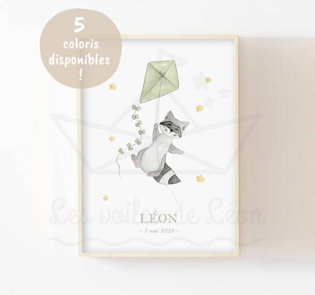 Baby Name Poster With Watercolor Stars, Raccoon, & Kite - Wall Decor For A Child's Room Personalized - image 1