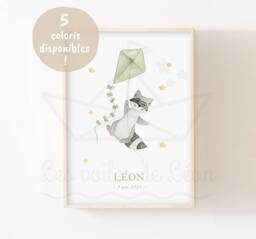 Baby Name Poster With Watercolor Stars, Raccoon, & Kite - Wall Decor For A Child's Room Personalized - thumbnail 1