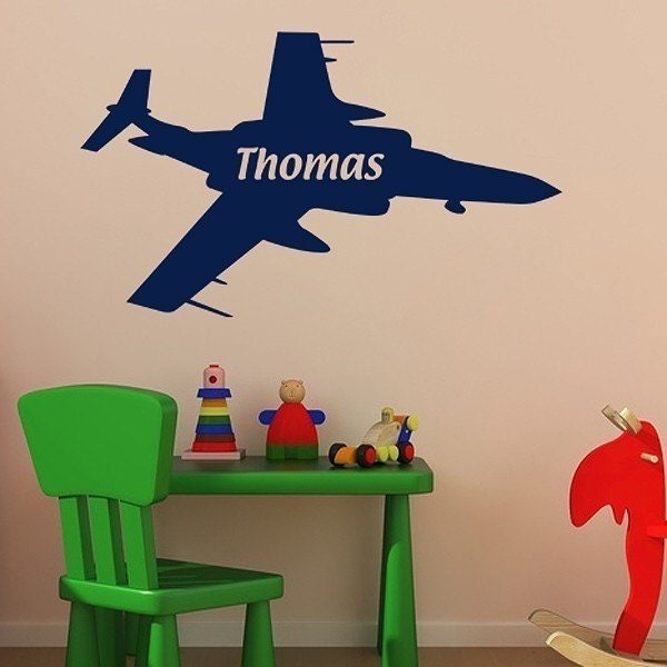 Personalized Plane Decal, Jet Fighter, Airplane Decor, Name Wall Vinyl, Boy & Girl Bedroom Decor, Nursery Decal - image 1