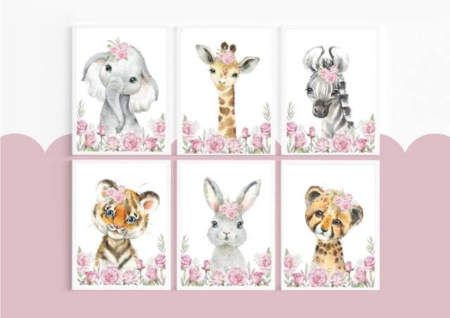 Safari Prints, Nursery Decor, Girls Nursery, Bedroom, Jungle Baby Girl, Safari Prints, Floral Elephant - image 1
