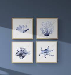 Hamptons Wall Art Prints - Set Of 4 Shells & Coral Nautical Theme - thumbnail 1