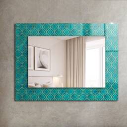 Green Geometric Pattern Mirror, Rectangular Mirror With Frame, Turquoise Printed Decorative Wall For Entrance - thumbnail 1