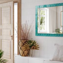 Green Geometric Pattern Mirror, Rectangular Mirror With Frame, Turquoise Printed Decorative Wall For Entrance - thumbnail 3
