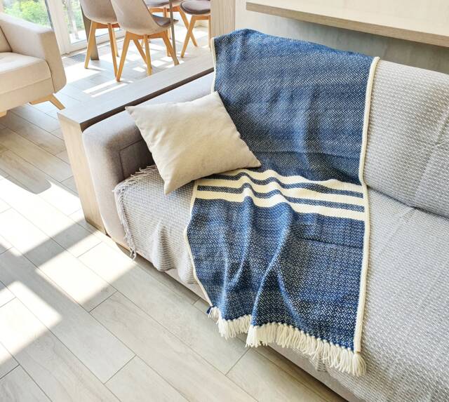 Handwoven Merino Wool Throw Blue Striped Chair Cover, Sofa Blanket - image 1