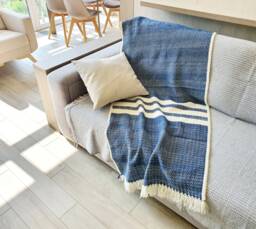 Handwoven Merino Wool Throw Blue Striped Chair Cover, Sofa Blanket - thumbnail 1