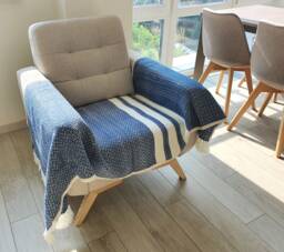 Handwoven Merino Wool Throw Blue Striped Chair Cover, Sofa Blanket - thumbnail 1